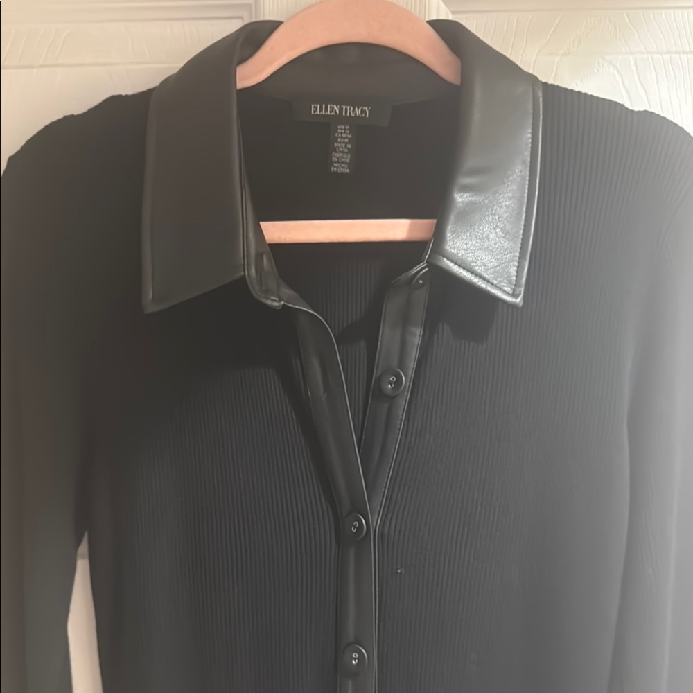Ellen Tracy Black Button-Up Dress with Faux Leather Collar